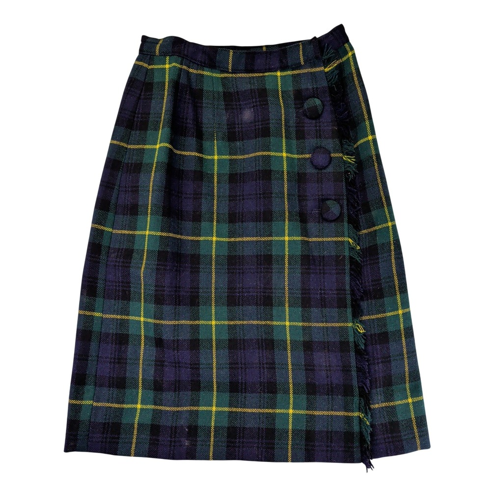 Vintage Navy Green Plaid Wrap Skirt Fringed Kilt Style Button Front Knee Length‎